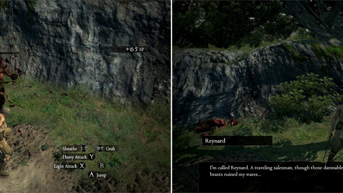 Defeat the Goblins that are attacking the merchant Reynard (left) and he’ll reward you with his continued existence… and a cape! (right)