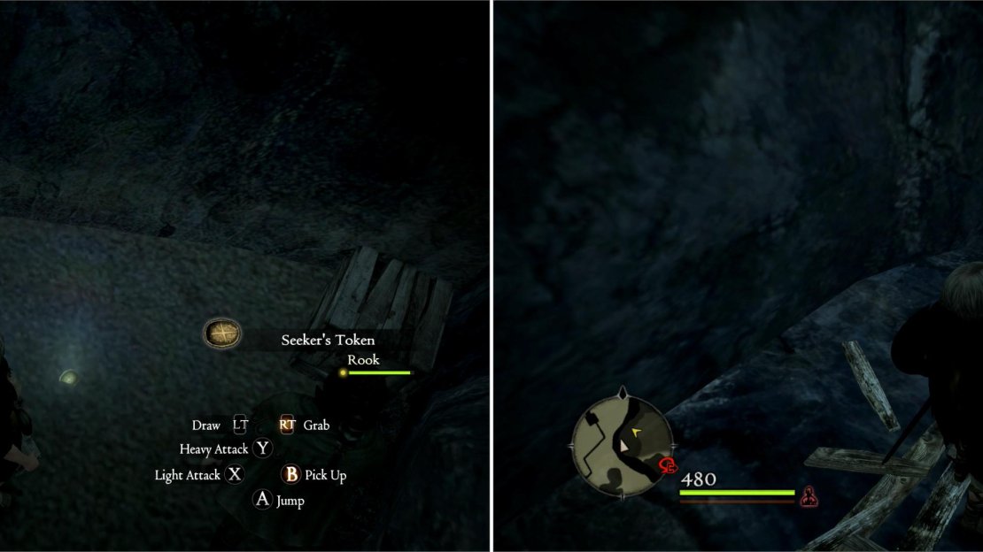 Further along the shore you can find some more treasure, including some Seeker’s Tokens (left). Scale the nearby rocks to find some treasure chests containing some welcome loot (right).