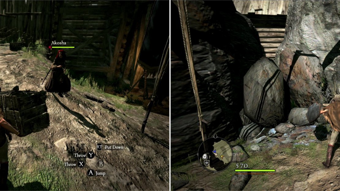 Prove your competence at carrying boxes (left) then show you’re mightier than some wooden targets (right) to impress the obviously easily-impressed Ser Berne.