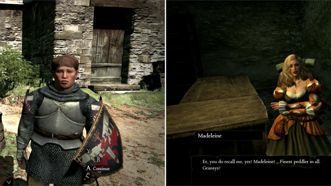 Cowardly Poll will tell you about some scary noises in the well (why is this guy a guard?) (left), while the manipulative Madeleine will try to bum an escort off of you (right).