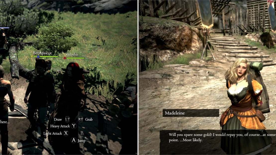 As you progress to the Encampment, Madeleine will constantly hold you up to scavange for gold (left). Despite this, however, when you reach the Encampment she’ll beg for more funding (right).