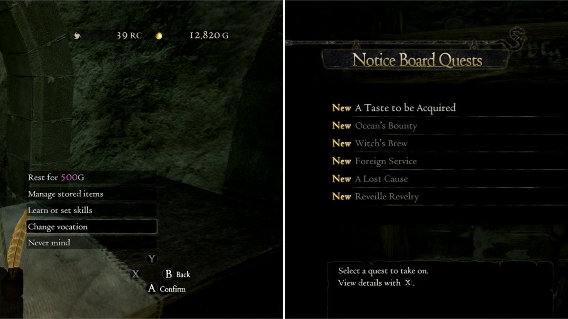 Visit Asalam in the Gran Soren Union Inn to change your Vocation (left). Also be sure to pick up new quests at the nearby Notice Boards (right).