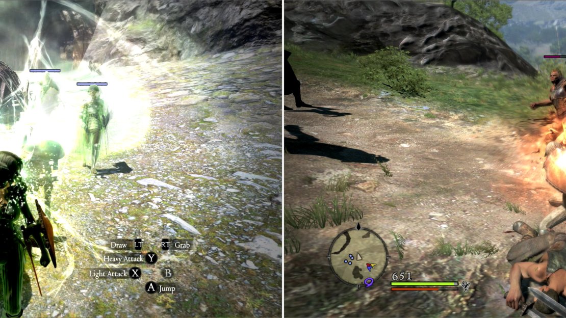 If your poor Oxen takes some bumps and bruises during travel, simply request help from your Pawns and stand in front of it to give it some collateral healing (left). Bandits on the Estan Plains will be your last challenge enroute to Gran Soren (right).