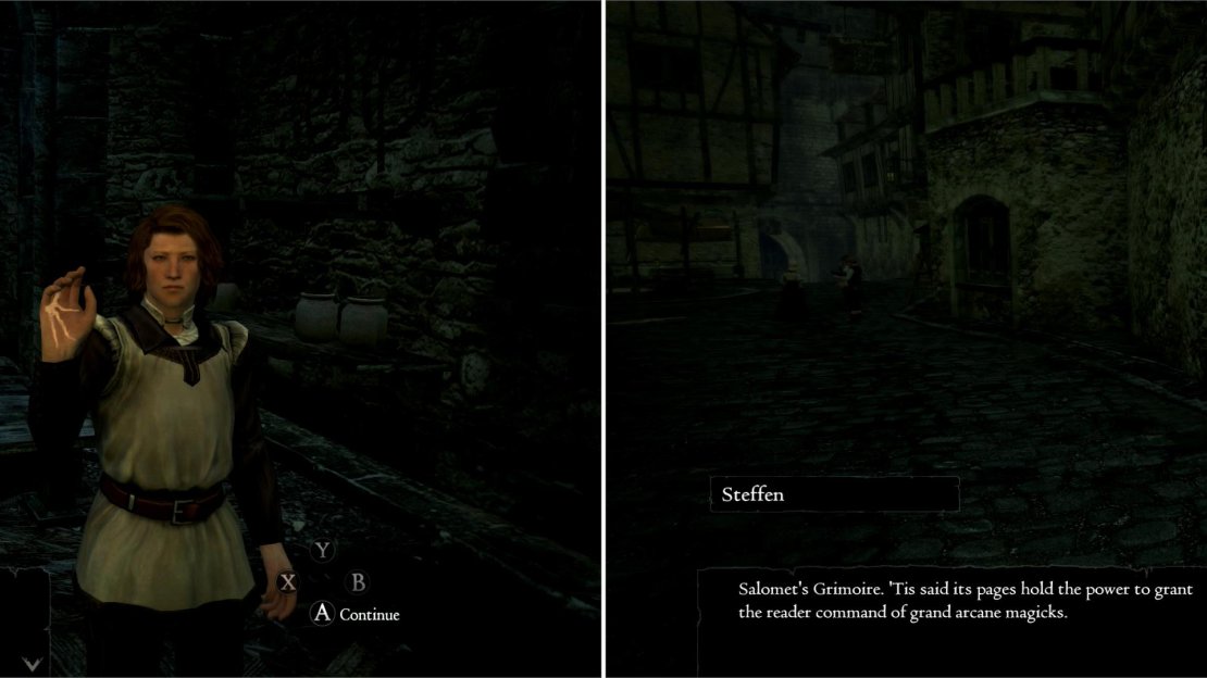 Be sure to visit the Pawn Guild to gain access to its Notice Board, Wakestone and Portcrystal (left). Talk to Steffen and agree to help him find Salomet’s Grimoire (right).