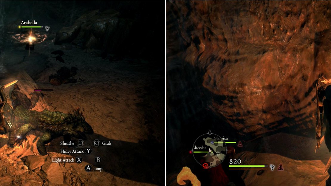 Hack apart the Saurians dwelling in the caves under Cassardis (left). While down here, mine the ore veins to obtain some rare Sand-Layer Ore (right).