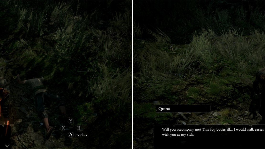 Find Valmiro for a third and final time in the Witchwood (left). Further on you’ll locate Quina, who wisely decides to travel with you through the Witchwood (right).
