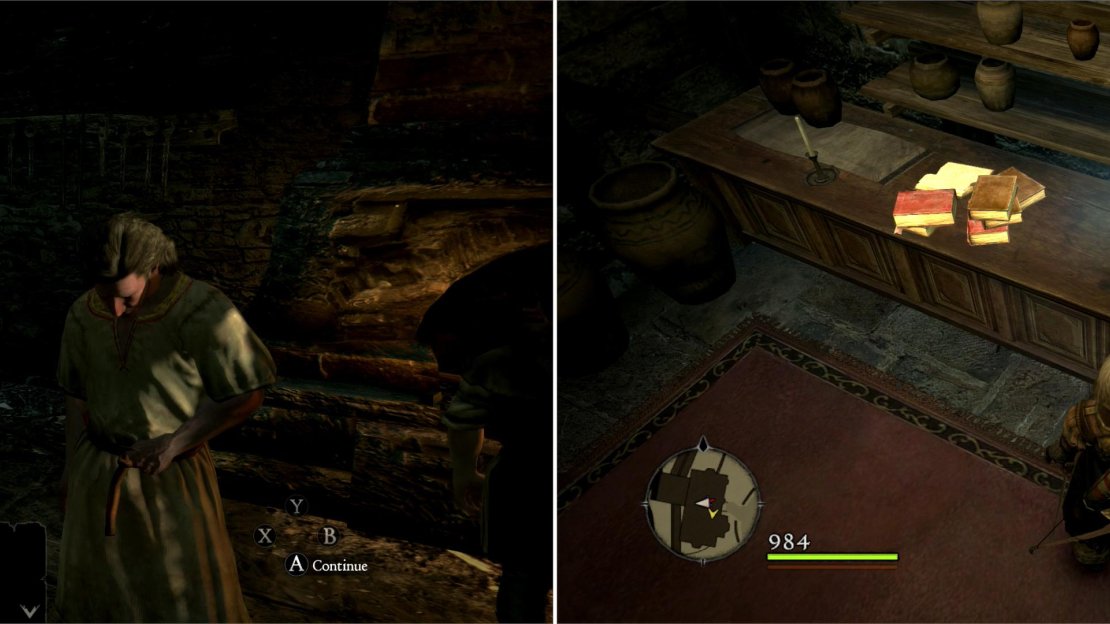 Listen to Austine complain about his ill-fated son (left) then make your way to the Fournival Manor in the Noble Quarter, where you can find the Chamberlain’s Affidavit (right).