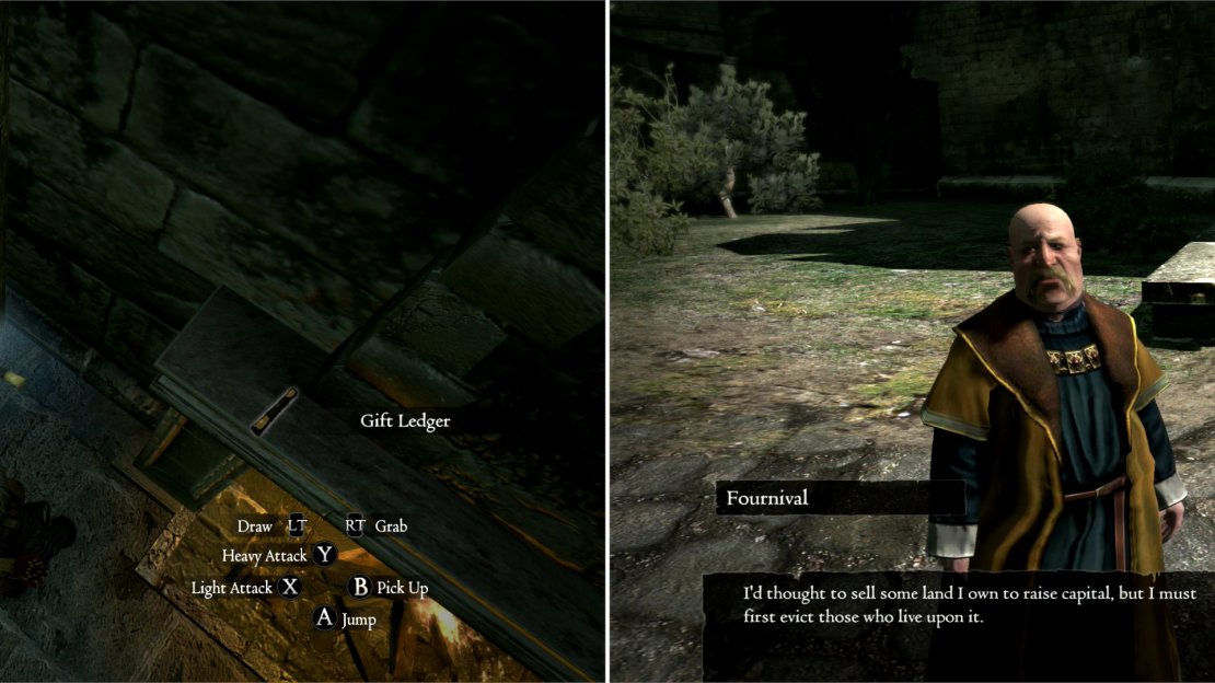 Be sure to also pick up the Gift Ledger from the Fournival Manor (left) before talking to Fournival himself, who wants some muscle to help with an eviction (right).