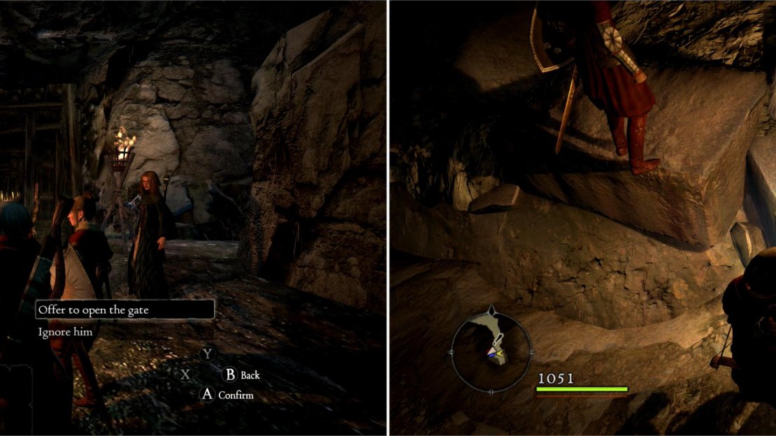 Find Alon outside of the Ancient Quarry and agree to help him clear the way (left). Shortly inside the quarry you’ll find the Quarry Key, which opens up some side-passages (right).
