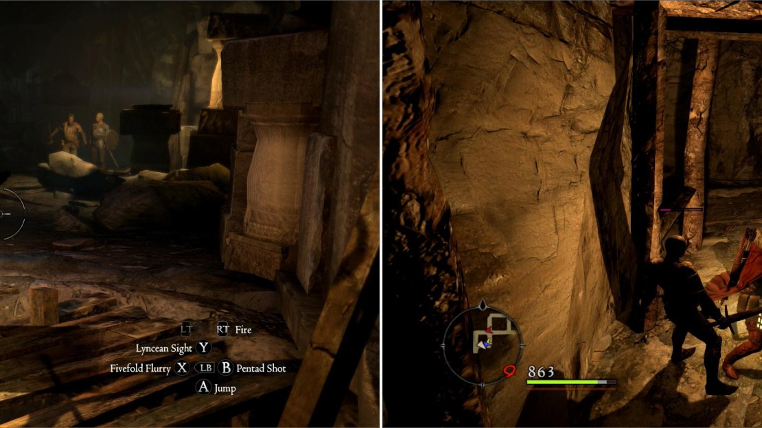 Some moderately strong Bandits are the first foes you’ll encounter (left) and in some side-passages you’ll find Undead Warrior (right).