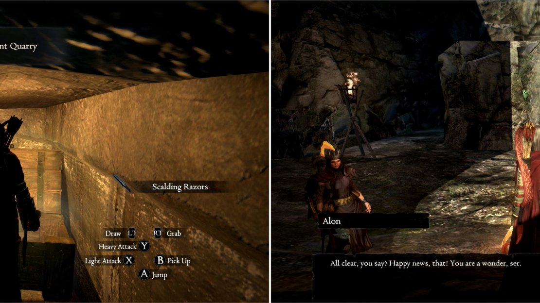Other loot - particlarly a selection of fire-enchanted weapons - can be found deeper in the quarry (left). After clearing the Ancient Quarry, return to Alon for your well-deserved reward (right).