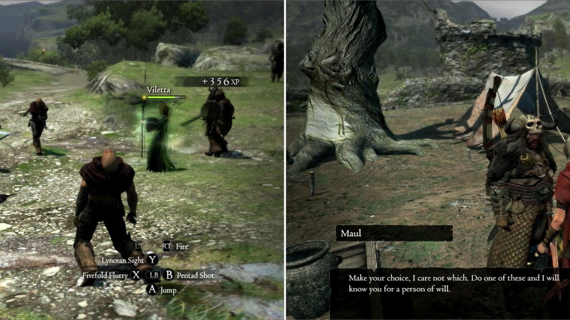 A host of high-level Bandits prowl the road running through the Vestad Hills (left). If you can fight your way through, you’ll be able to work for their leader, Maul (right).