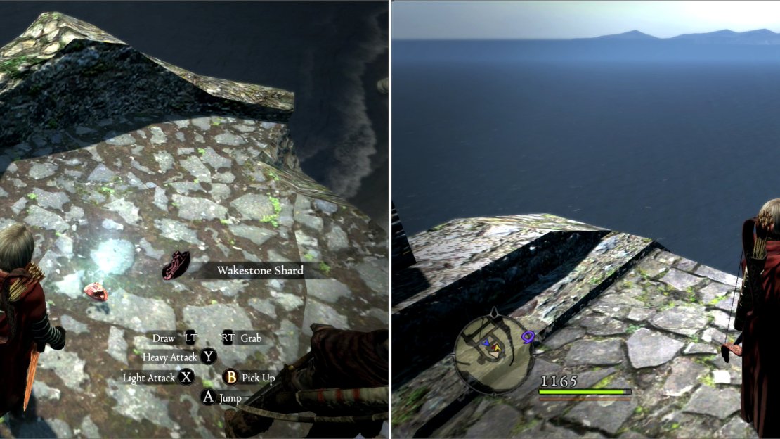 Atop a seaside tower you’ll find a Wakestone Shard (left). While you’ll find Salomet’s Grimoire in a chest on the keep’s tallest tower (right).