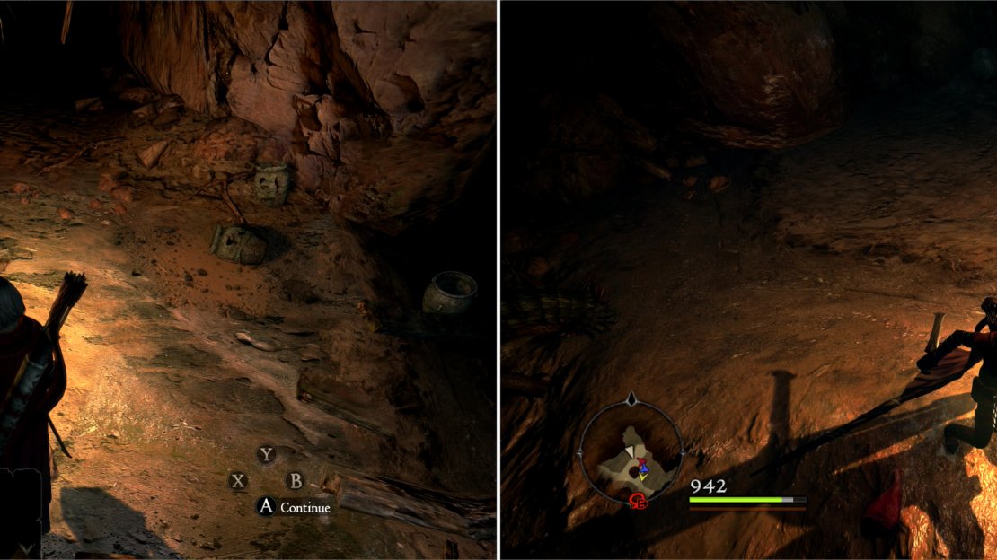 Climb down the well to find Rorric, who will inform you that the well needs to be cleared of beasts again (left). More Saurians lurk in a previously-blocked chamber (right).