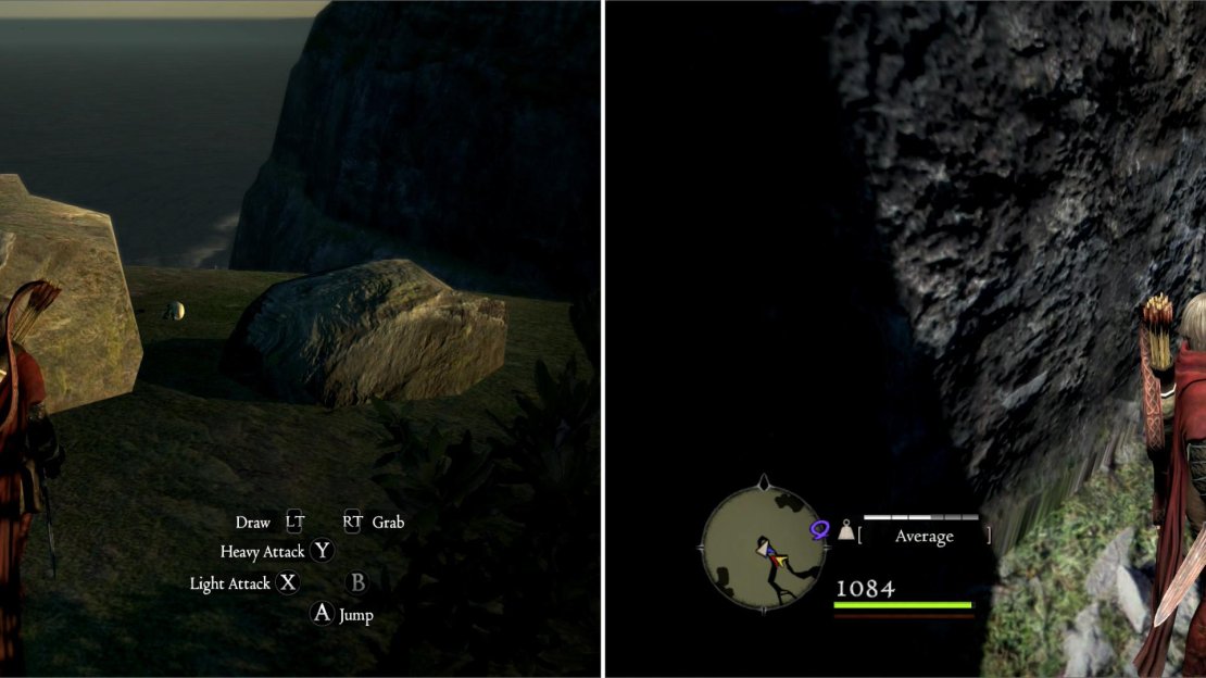 The cliche sword-in-the-stone can be searched for a random weapon (left). In a nearby chasm you can find a Wakestone Shard (right).