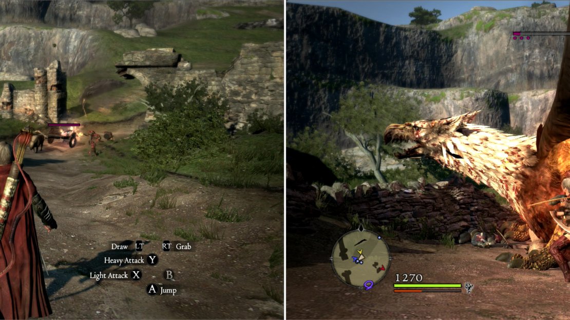 As you leave Gran Soren you’ll witness a wagon being attacked by some Goblins (left). Eventually a more dire threat - a Griffin - will show up and make off with the wagon’s Oxen (right).