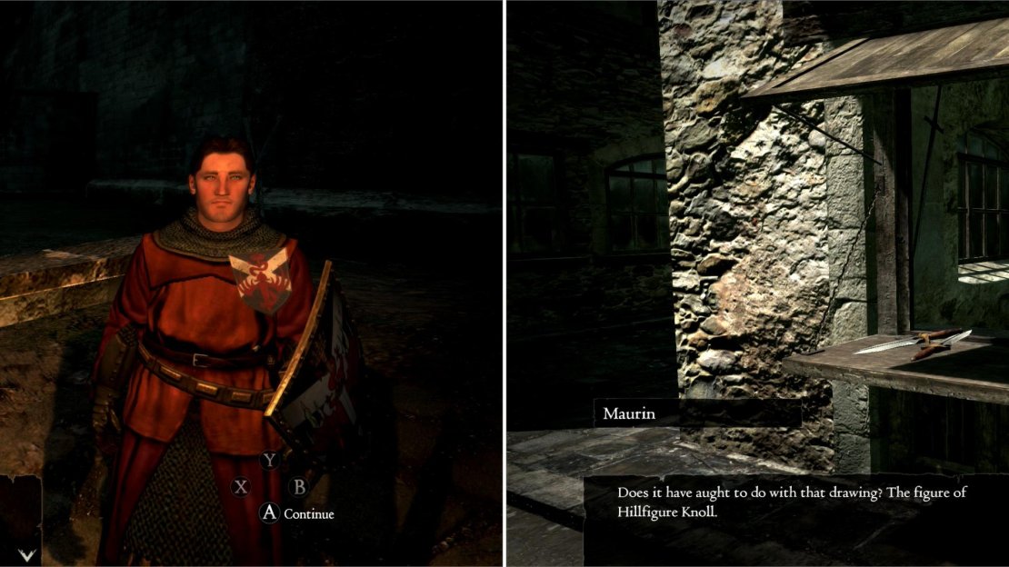 Talk to Ser Maximilian and accept the task of deciphering a text (left) then get a key clue from Maurin about where to find some answers (right).