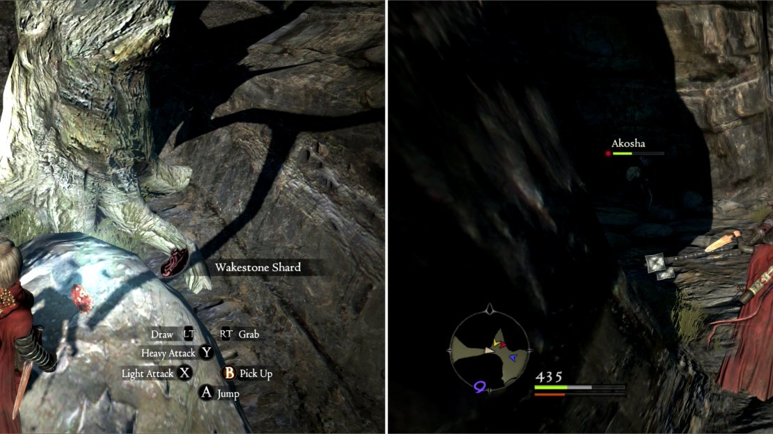 Search a cubby to find a Wakestone Shard on a rock (left) then challenge the powerful Bandits occupying Pastona Cavern (right).