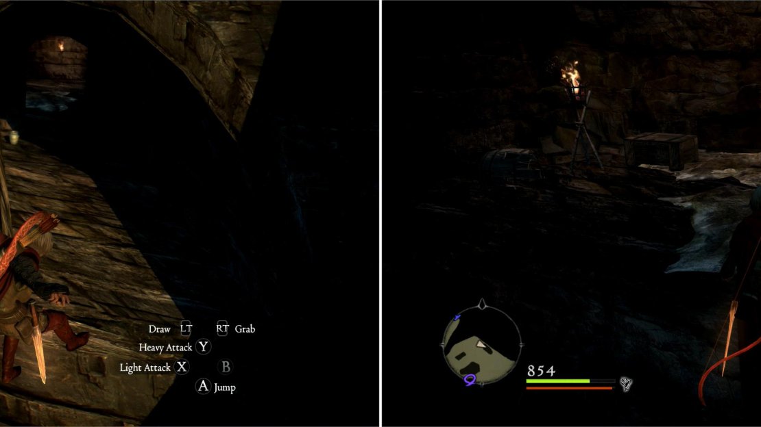 Make a running jump to reach an elevated cave (left) wherein you’ll find several loot-worthy chest (right).