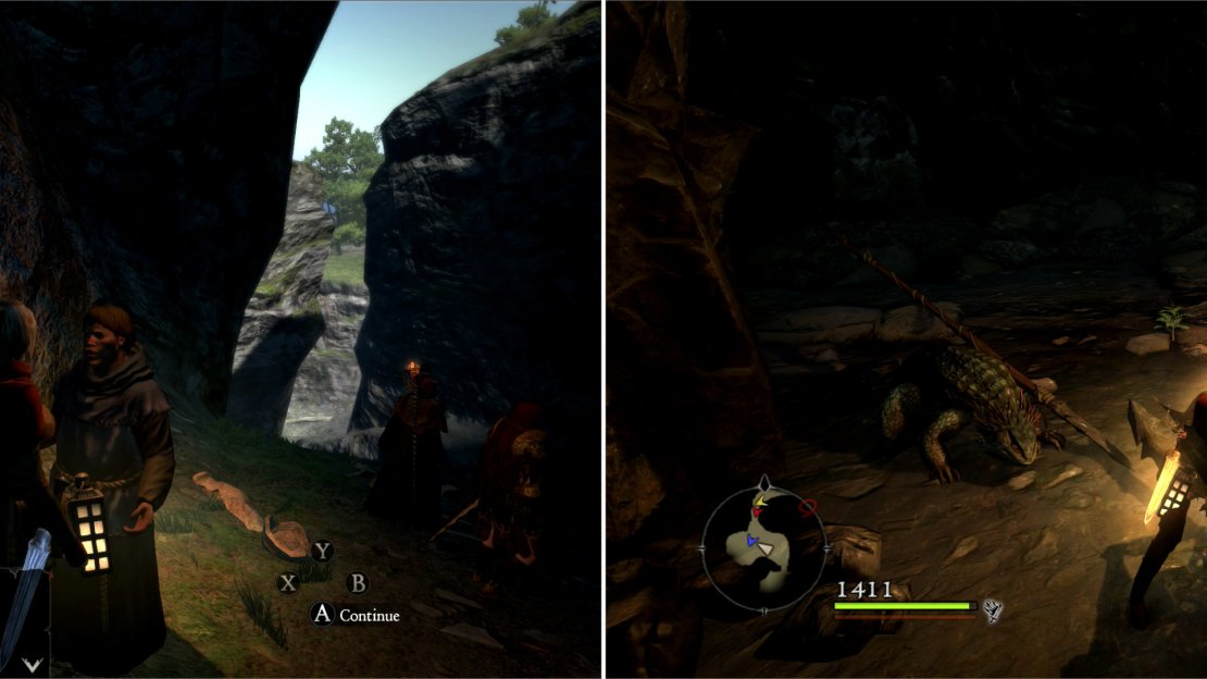 Outside the temple, the Monk Haslett will beseech you to rescue his more daring comrade (left). Clear some Saurians who made the mistake of nesting between you and your objective (right).