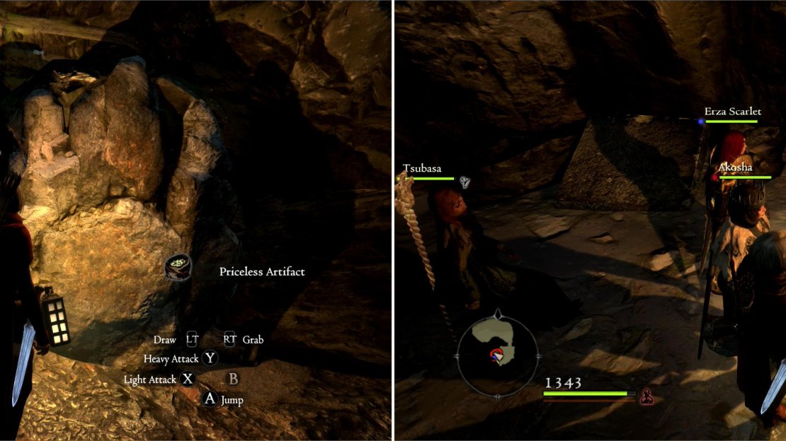 In the Saurian cave you’ll find an ore vein which can yield Priceless Artifacts (left). Pick up the Watergod’s Altar Lever, which is the key to progressing deeper into the temple (right).