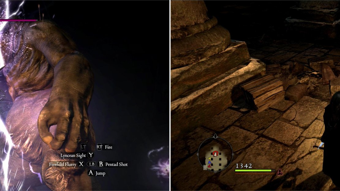 Dispatch a Cyclops in the Offering Chamber (left) then pick up the Watergod’s Altar Key (right).