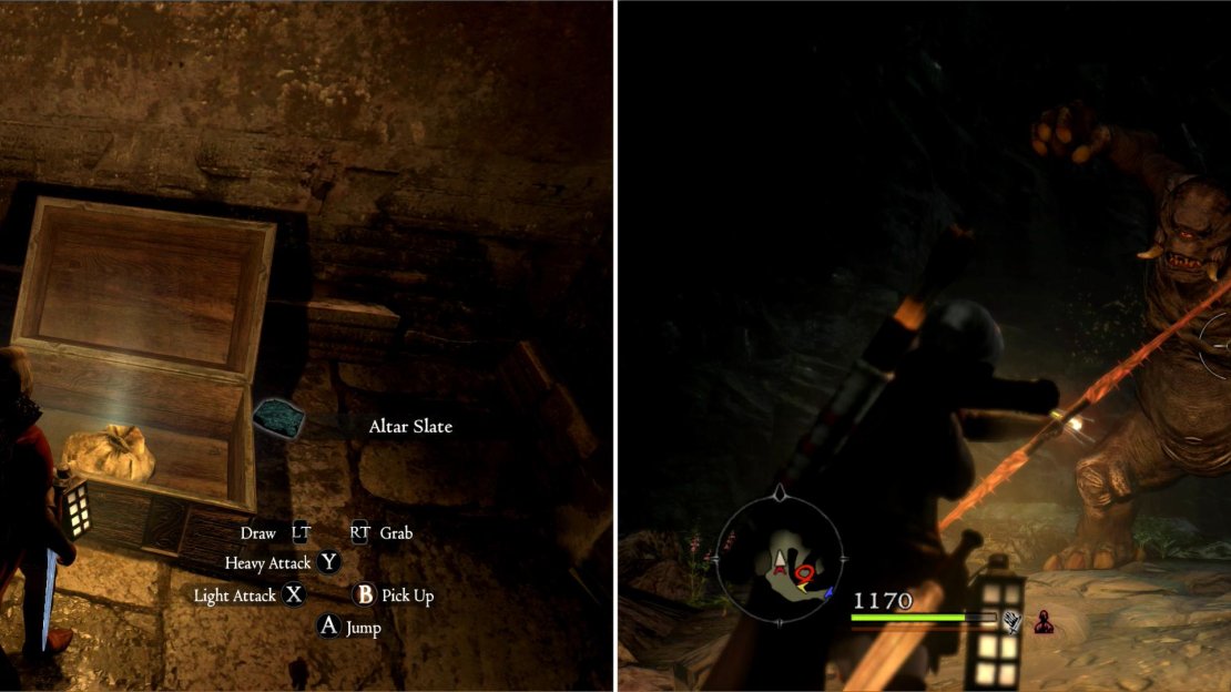 Search the drained parts of the temple and collect Altar Slates (left). You need five to complete your objective. Along the way, eradicate a dwarf Cyclops (right). How did it survive being submerged? Oh well…