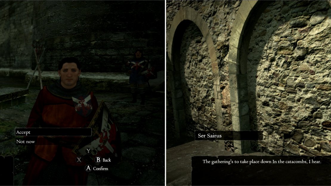 Agree to help Ser Maximilian invest a cult (left) then get this cult’s location from a soldier (right).