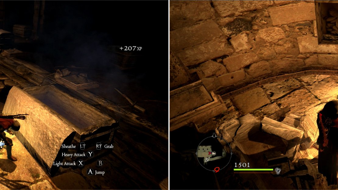 Opening sealed sarcophagi can prove to be debilitative (left). You can also find the Second Journal Entry in a rounded chest (right).