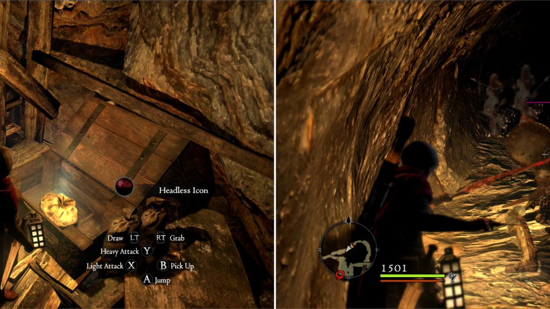 Search a chest under a wooden platform to find a Headless Icon, another rare component (left). Skeleton Knights guard a passage, at the end of which you’ll find some treasure (right).
