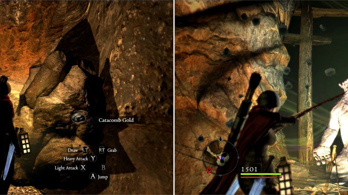 Ore veins can yield Catacomb Gold, which is unique to the Catacombs (left). An Ogre has set up a lair in some of the Catacomb’s natural caverns (right).
