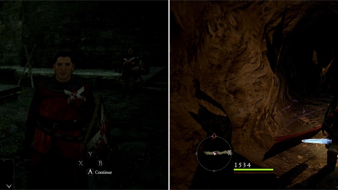 Ser Maximilian will finally give you a task worthy of an Arisen; rout a monster infestation! (left) Unfortunately “Arisen” is code for “you go first”, so sneak through the tunnel that leads into the Shadow Fort (right).