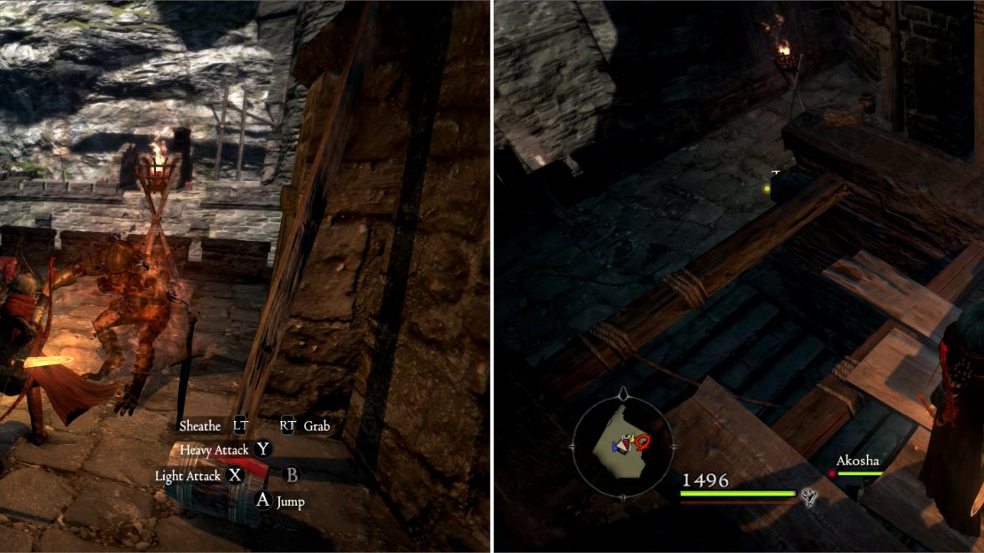 Ascend to the gatehouse tower roof and kill the Goblins and Hobgoblins there (left). If you can climb some boxes to reach the top of the stairwell you’ll find some out-of-the-way treasure (right).