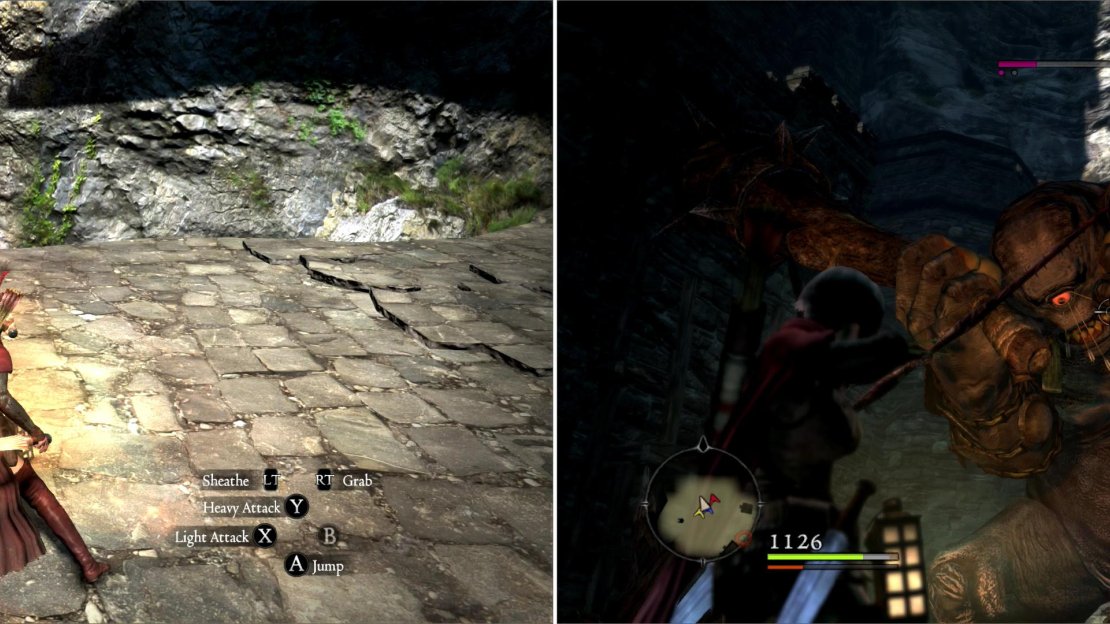 Leap a gap and kill more Goblins, particularly the one manning a ballista (left) then descend into the courtyard and battle a pair of Cyclops (right).