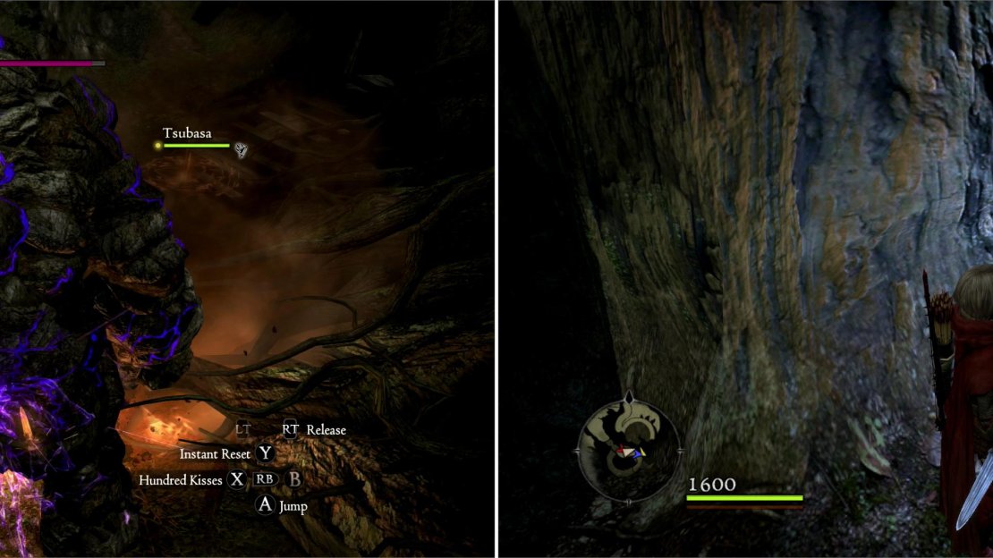 The Golem summoned to deal with the villagers is just as much of a threat to you (left). Once it’s defeated, head into a large, winding tree-cavern to find a Portcrystal (right).