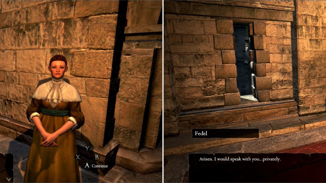 Mirabelle will pass on a scandalous request from Aelinore (left) and Fedel will ask you to visit him at night to discuss some clandestine work (right).