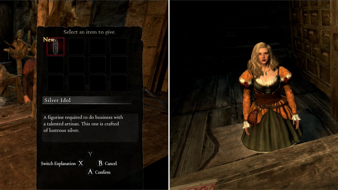 The quality of the idol you give determines the quality of the expanded stock the merchant will get. Give a Bronze or Silver Idol (left) to you less favored merchant, and a Gold Idol (right) to your more favored one.