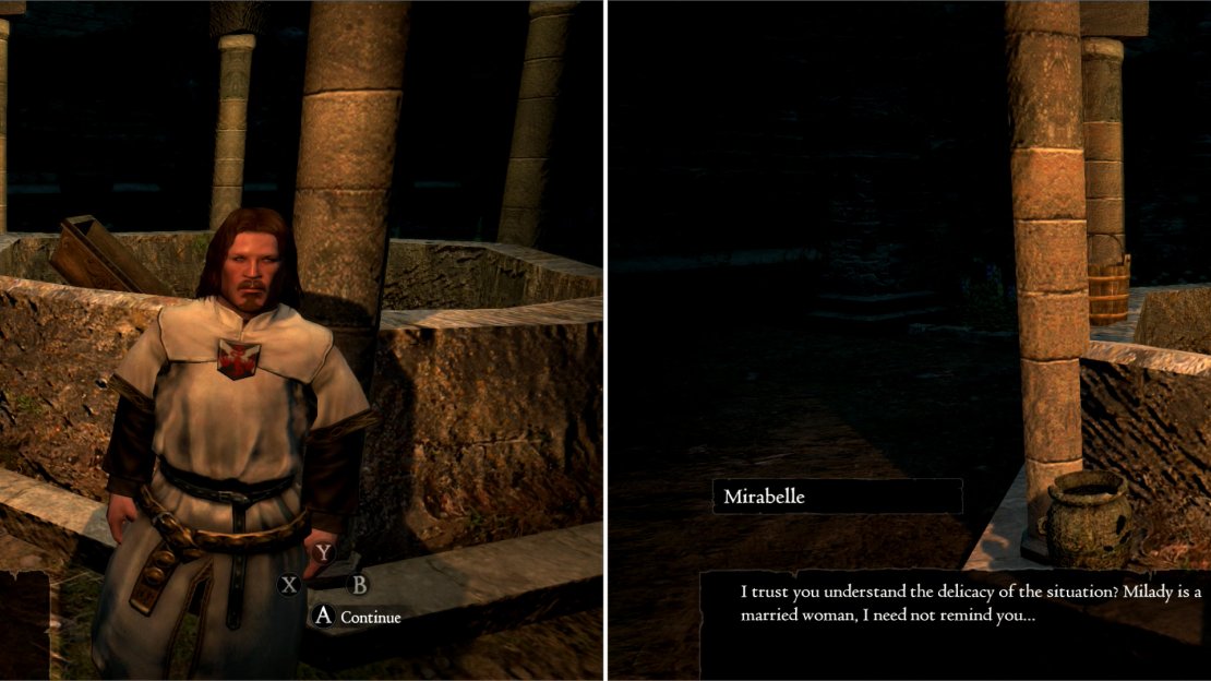 Talk to Fedel to get details on his botch espionage (left), then meet up with Mirabelle to confirm the details of your totally not inappropriate meeting with the Duke’s wife (right).