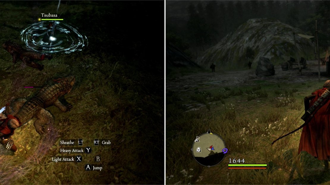 Another day, another pack of Saurians to dispatch (left). Near Lake Hardship you’ll find the Rest Camp (right).