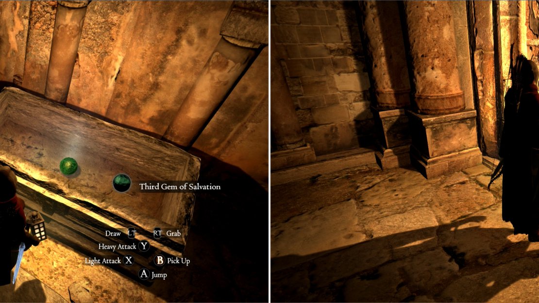 Search sarcophagi for “Gems of Salvation” (left), then deposit all five of them in a sealed door to open it (right).