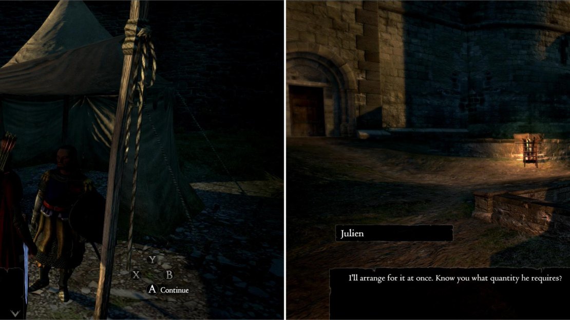 Ser Daerio will make a humble enough request; fetch them some overdue supplies (left). To do this correctly, talk to Julien and ask specifically for “one week’s supply” (right).