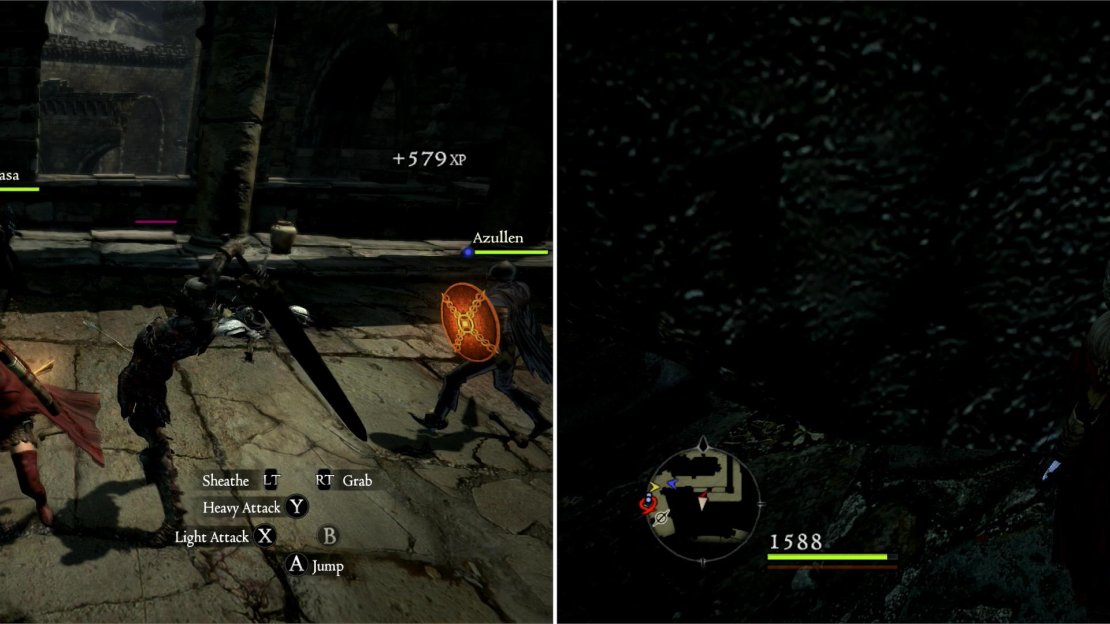 The Undead Warriors might seem formidable, but the real danger in Bluemoon Tower is falling to your demise (left). Ore veins in Bluemoon Tower can yield Alluvial Yore-Ore (right).