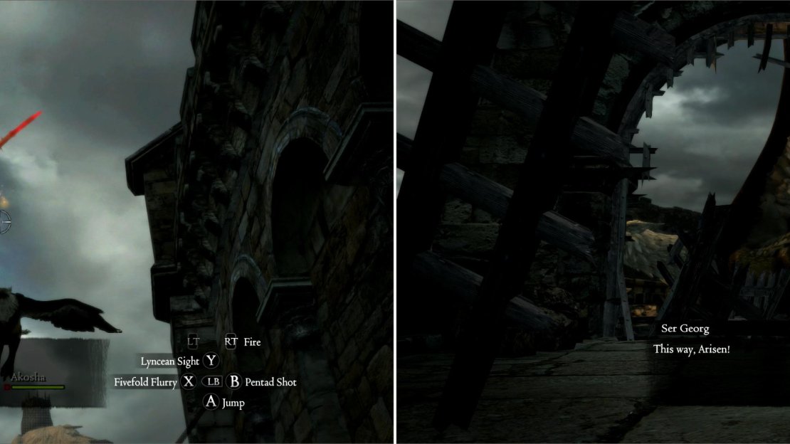 Lure the Griffin down to you (left) and its ferocious attack will break a barrier and allow you to proceed to the top of the tower (right).