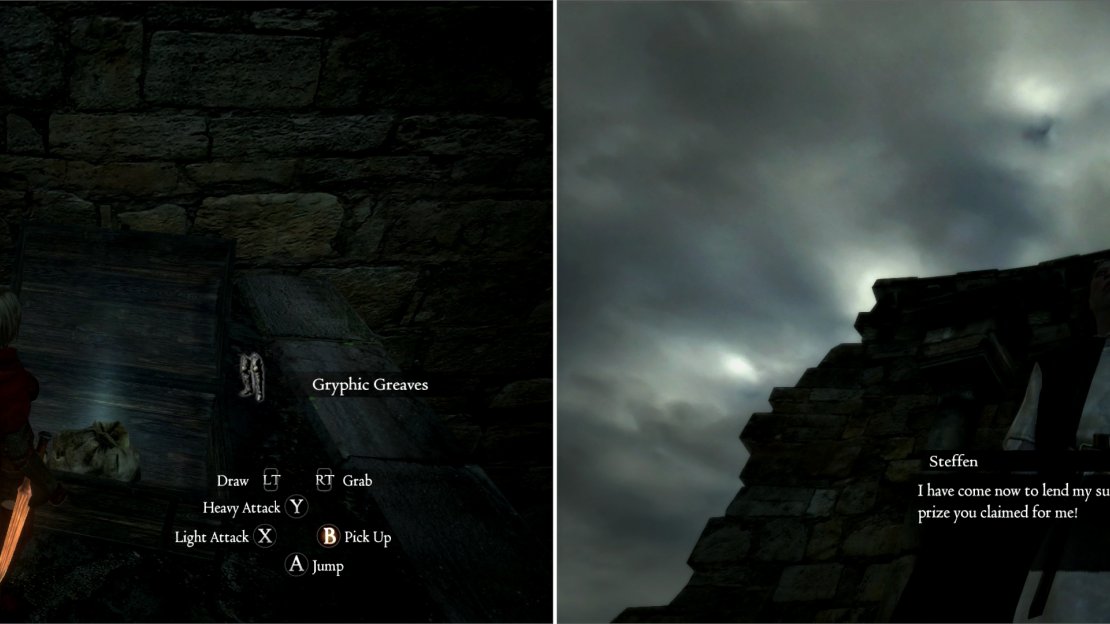 Search around for treasure chests in the depths of Bluemoon Tower for even more fantastic loot (left). When you reach the top of Bluemoon Tower, Steffen will arrive and aid you however he is able (right).