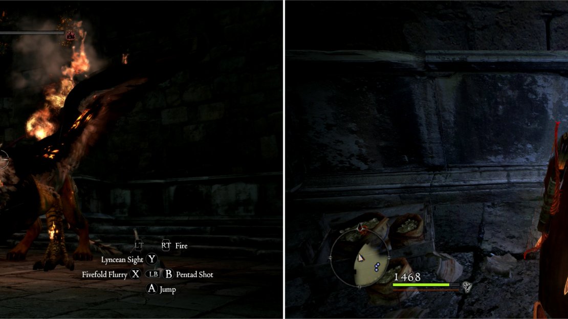 The Griffin has nowhere to run to this time; end its threat to Gran Soren (left). Search the top of the tower for many fine treasures, including a Portcrystal (right).