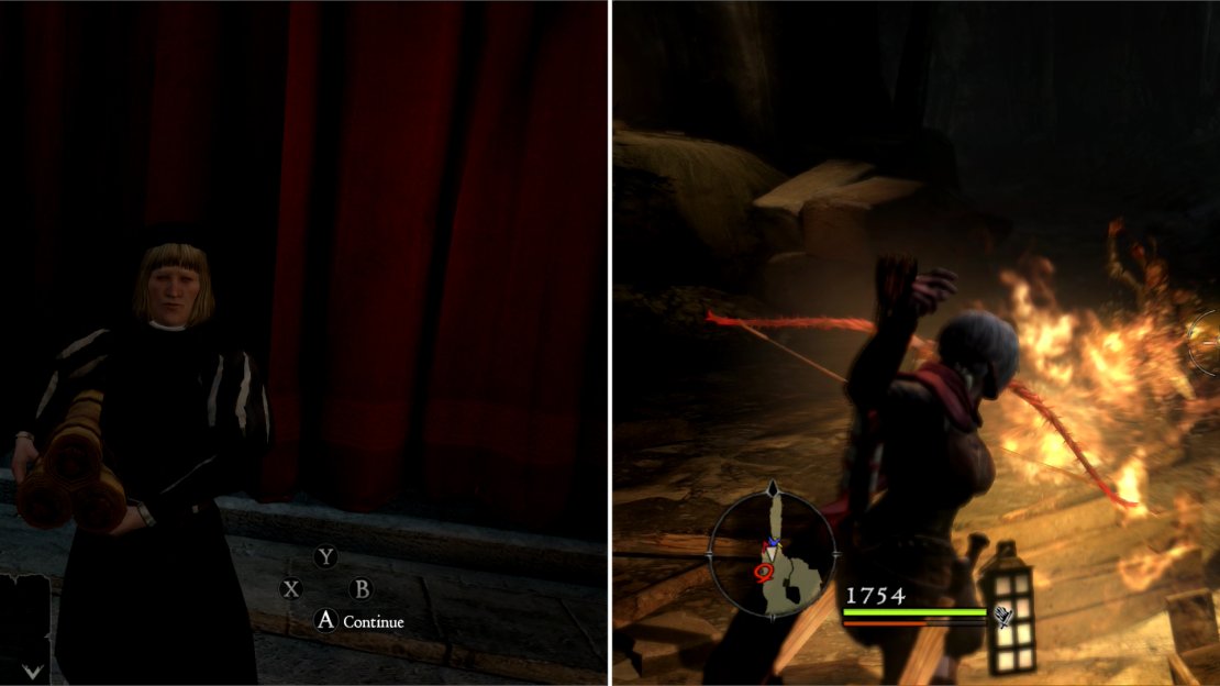 Talk to the inhabitants around the castle to learn about the stolen right (left). Track the thief to the Ancient Quarry and take down Salomet’s goons (right).