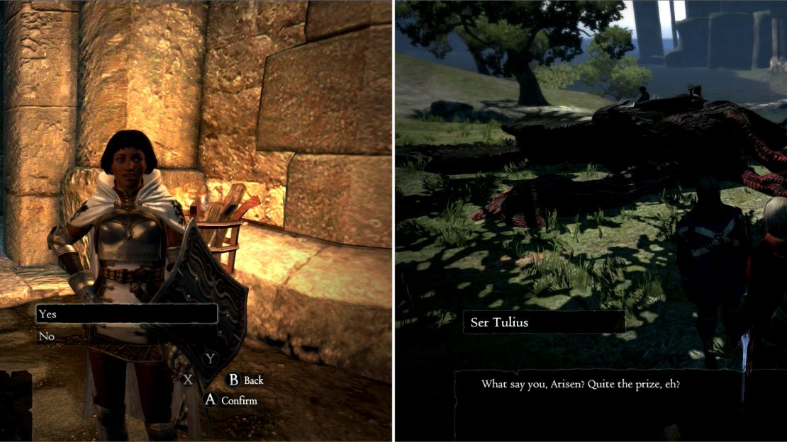 Ser Mercedes insists you allow her to lead this expedition so she can prove herself (left). Along the way, you’ll find some Gran Soren guards who fortuned upon the corpse of a Cockatrice - a fine gift for the Duke (right).