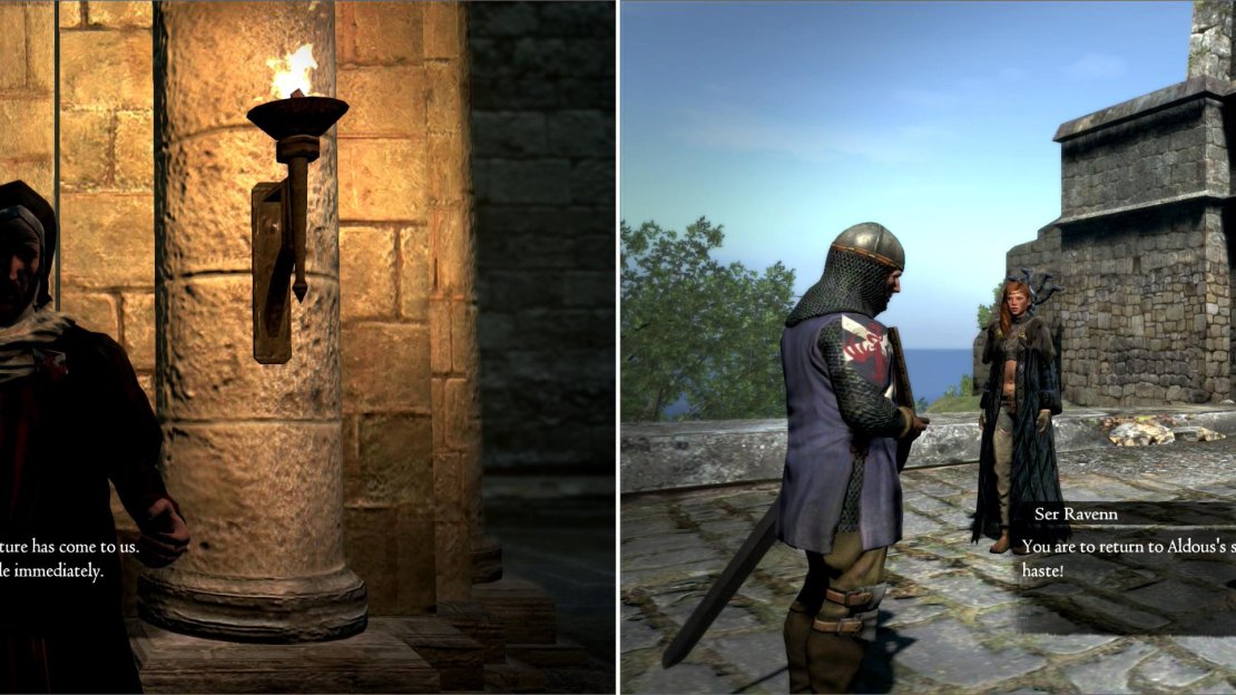 Accept Aldous’s next task (left) only to get the run-around when you reach the Mountain Waycastle (right).