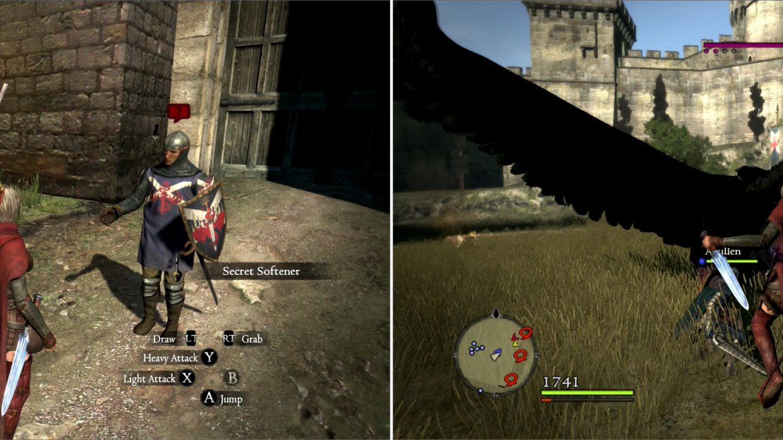 Approach the northern gate to Gran Soren and talk to the guard to get some helpful curatives (left), then enter the city and kill the resurrected Cockatrice, protecting the Duke’s other trophies, if possible (right).