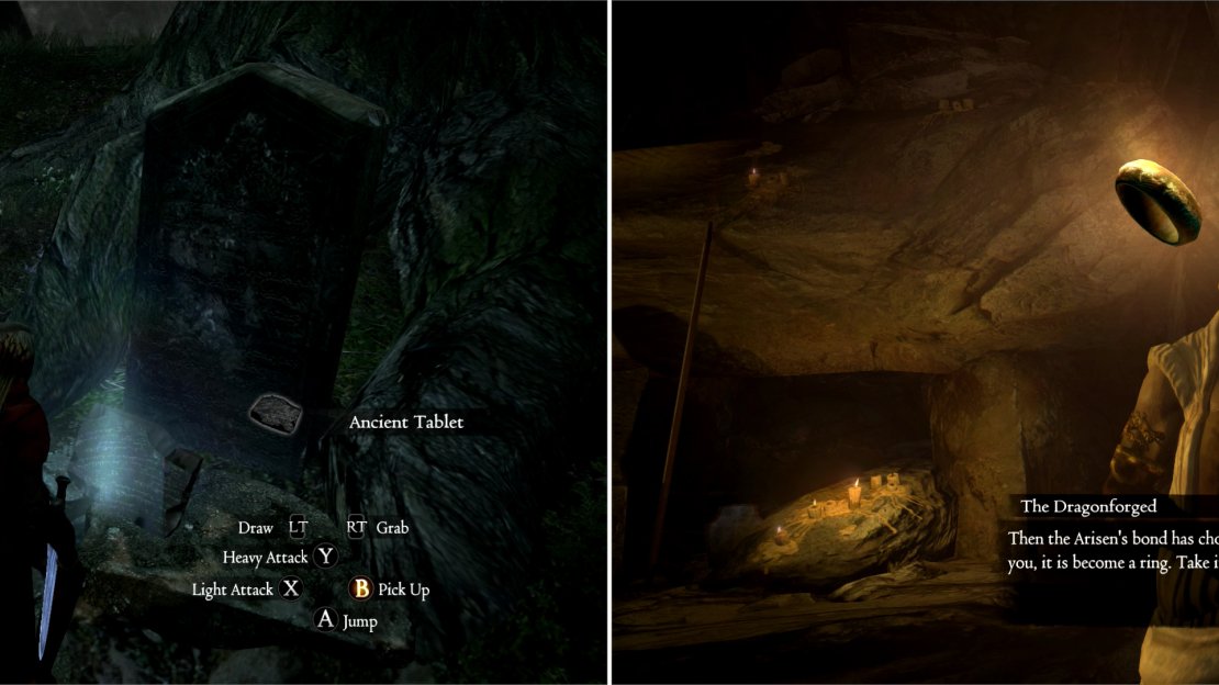 Claim the Ancient Tablet from the grave in the depths of the Witchwood (left), then bring the tablet to the Dragonforged to obtained the Arisen’s Bond (right).